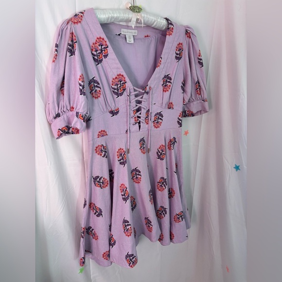 House of Harlow 1960 Puff Sleeve Linen Blend Lavender Floral Midi Dress Size 8 - Picture 3 of 13